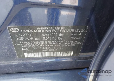 2012 Hyundai Sonata Gls Pzev из США, поврежденный, VIN 5NPEB4AC2CH312165